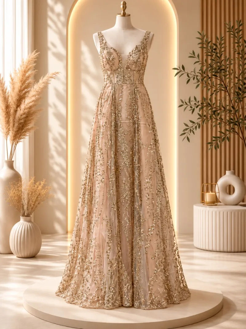 Vestido largo novia/quinceañera beige con brillos