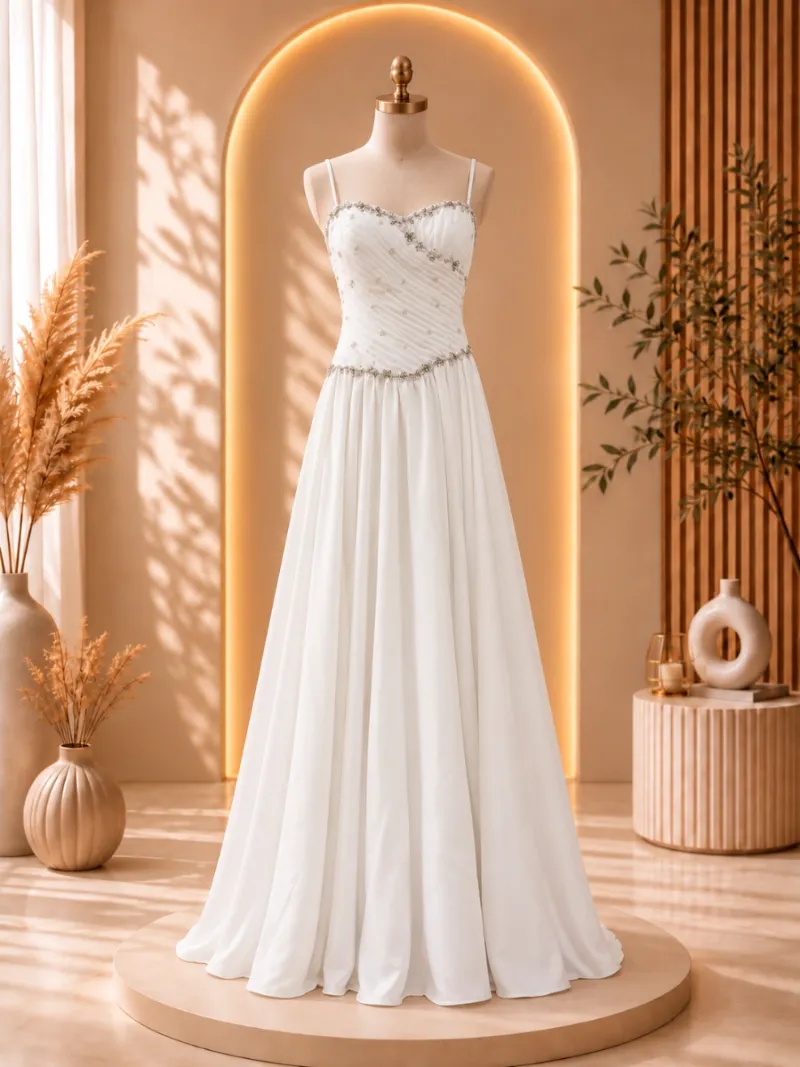 Vestido largo novia/quinceñaera blanco con detalle en la parte superior