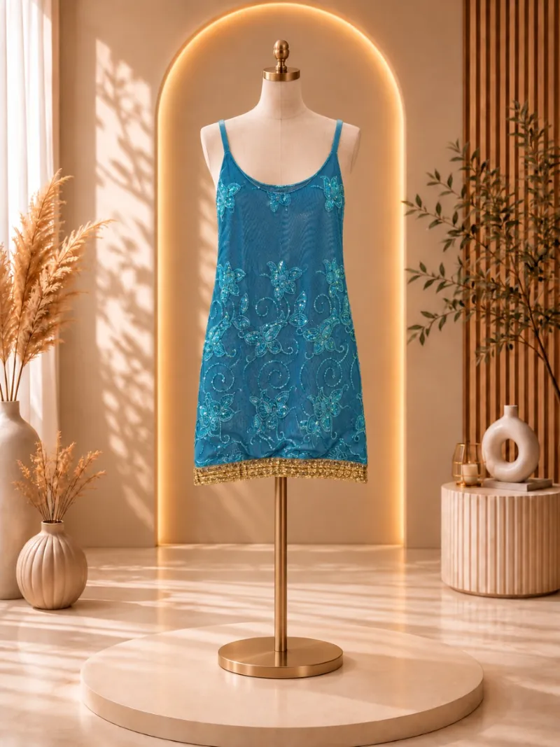 Vestido corto azul con brillos